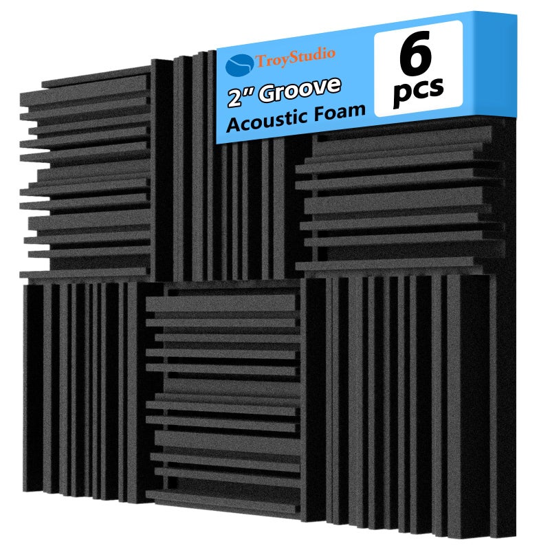 TroyStudio Thick Acoustic Foam Panels, 12 X 12 X 2 Inches 6 Pcs Broadband Sound Absorbing Foam, Dense Soundproof Padding Tile, Recording Studio Foam Absorber, Groove Decorative 3D Wall Ceiling Panel - Image 1